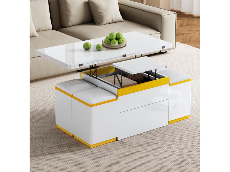  Table basse relevable pliante 100x50x43 cm, transformable en table repas, 4 tabourets, mdf particules, blanc et jaune  - Conforama B