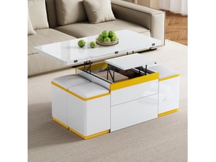 Table basse relevable pliante 100x50x43 cm, transformable en table repas, 4 tabourets, mdf particules, blanc et jaune
