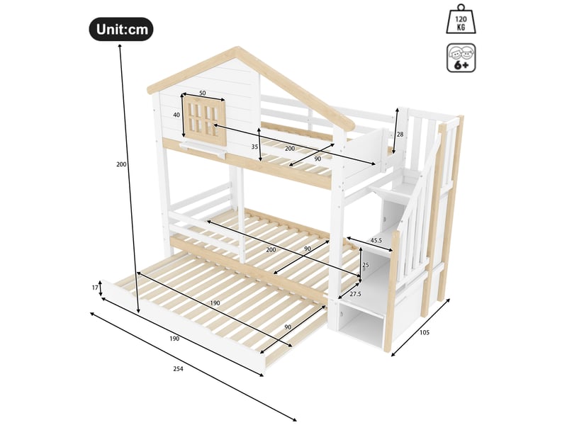  Lit superposé cabane avec lit gigogne et escalier, lit enfant 90x200 cm en bois massif, sécurité optimale, blanc et bois naturel  - Conforama C