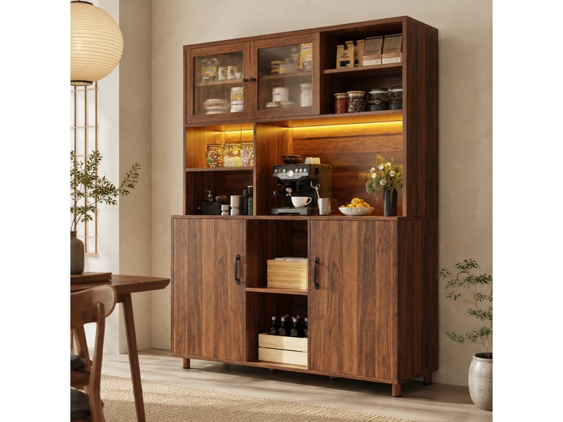  Buffet haut 140 x 40 x 185 cm avec led, portes coulissantes en verre, marron noyer  - Conforama B
