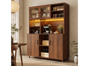 Buffet haut 140 x 40 x 185 cm avec led, portes coulissantes en verre, marron noyer