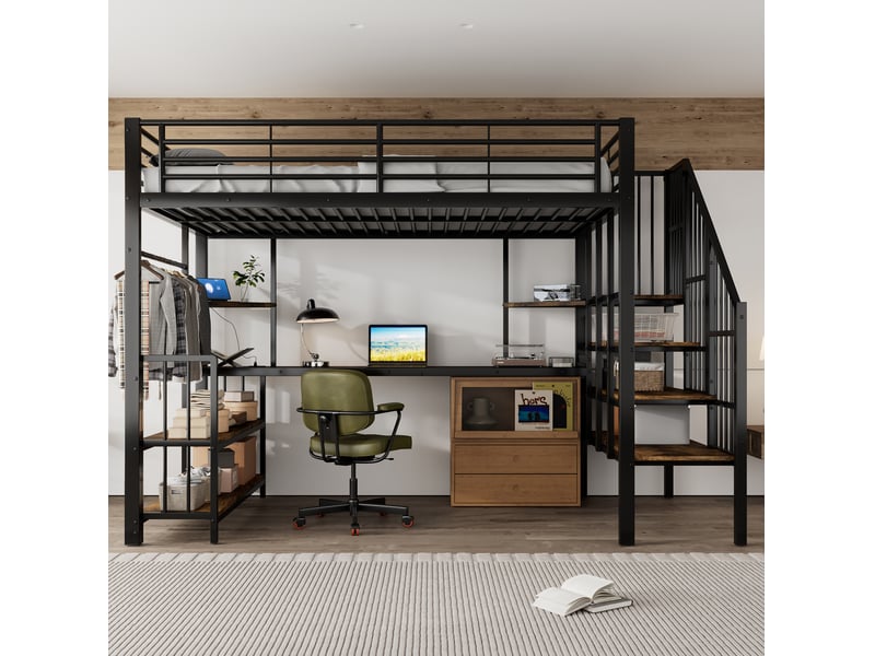  Lit mezzanine 120x200 cm escalier latéral main-courante prise intégrée métal et bois noir et noyer foncé sans matelas  - Conforama R
