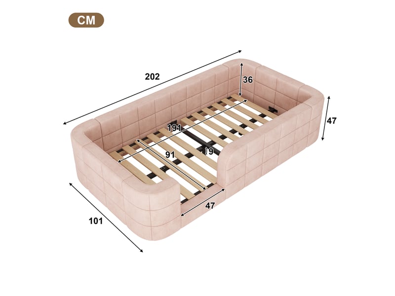 Lit enfant au sol 90x190 cm, rembourré en chenille, avec entourage rembourré et accès bas, avec sommier à lattes inclus, matelas non inclus, rose Luxe haut de gamme - Conforama C
