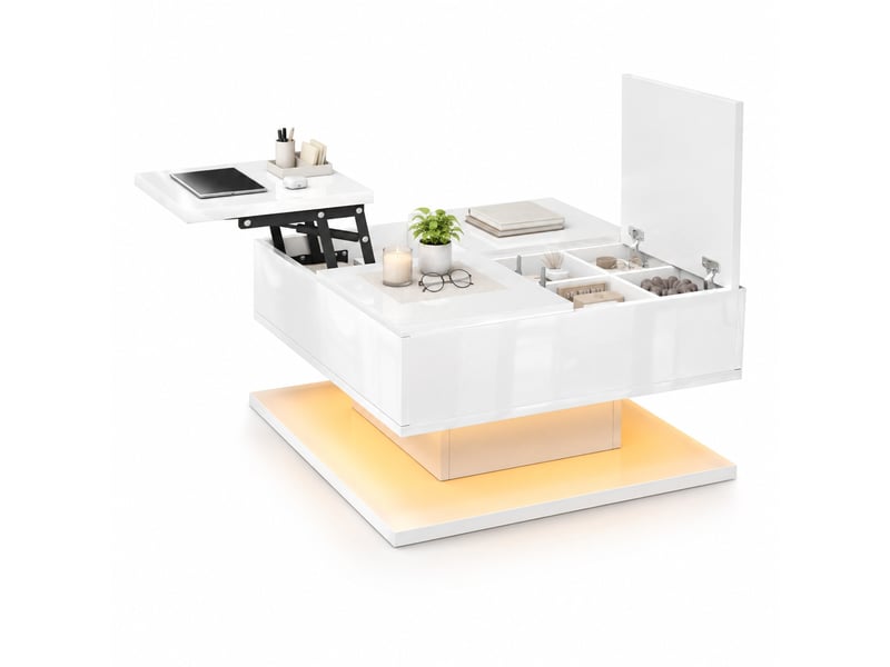  Table basse relevable avec rangement, tiroirs et éclairage led contrôlé par application, blanc brillant  - Conforama A
