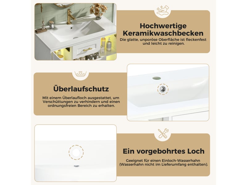  Meuble salle de bain suspendu 76 cm blanc effet bois avec lavabo céramique et led  - Conforama R