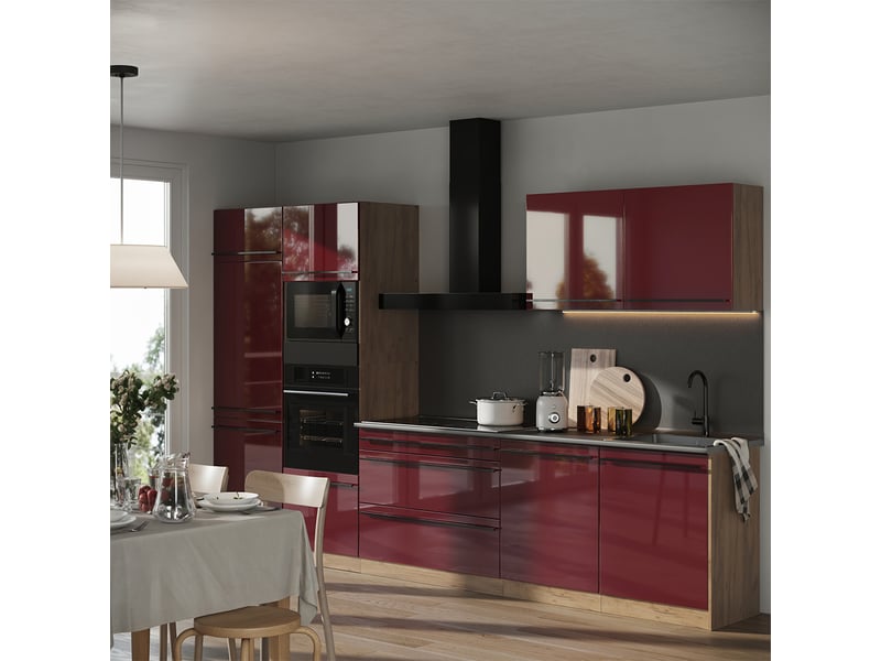  Vicco cuisine, rouge brillantchêne doré, 340cm plan de travail marbre  - Conforama C