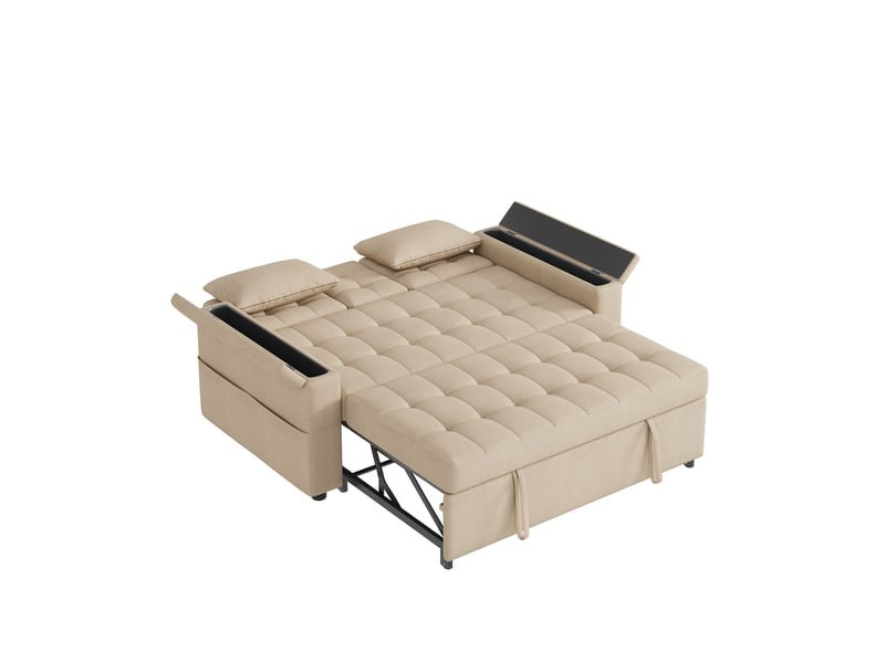  Canapé-lit convertible 2 places avec dossier réglable, rangements dans les accoudoirs et 2 coussins, tissu beige, 159 cm  - Conforama D