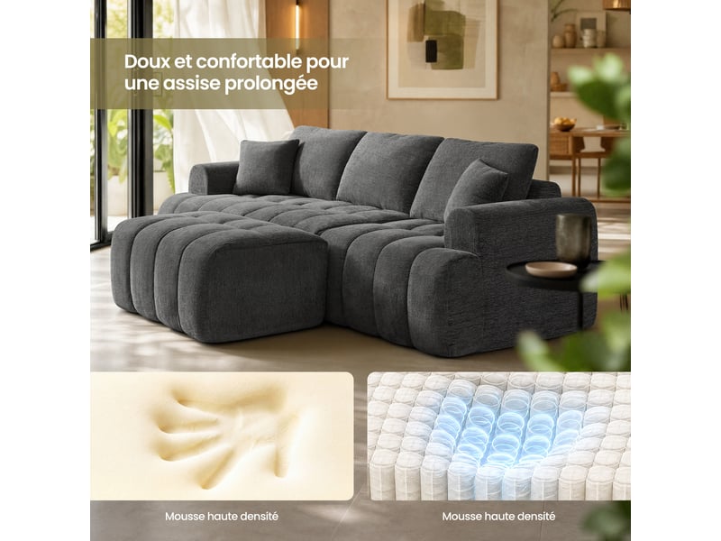  Ensemble canapé modulable d'angle 3 places avec pouf, canapé compressé en tissu chenille pour salon, gris  - Conforama C
