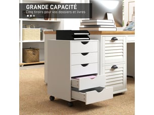 Caisson bureau mobile, meuble rangement sur roulettes avec 5 tiroirs, bois, blanc, 40 x 40 x 67 cm