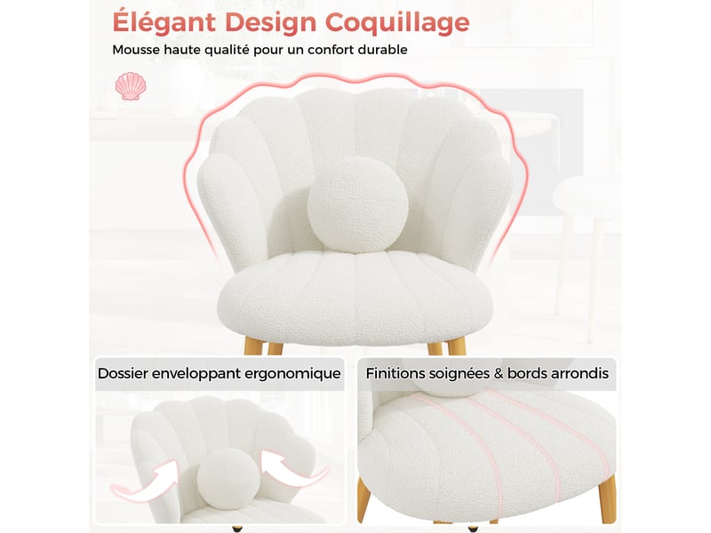 Lot de 6 fauteuils 60x62.5x83 cm tissu bouclé assise rembourrée dossier coquillage pieds en métal moderne blanc OPULERANE TRADING LTD - Conforama E
