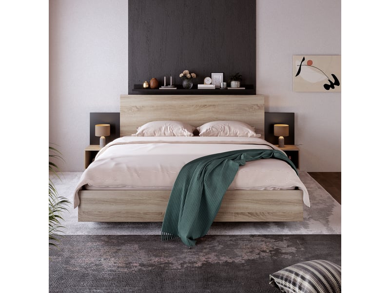  Ensemble lit double 160x200 cm avec 2 chevets suspendus, lit en bois massif fsc avec tête de lit et sommier à lattes, chêne sonoma et gris foncé OPULERANE TRADING LTD - Conforama D
