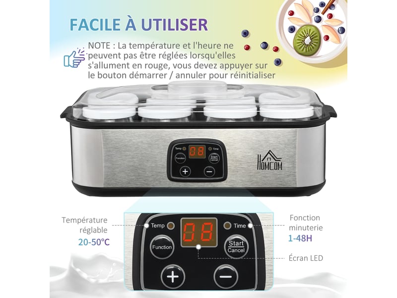 Yaourtière avec 8 pots en verre de 180ml, thermostat réglable et affichage numérique pour des desserts maison sains, machine à yaourt électrique en acier inoxydable avec minuterie - Conforama R