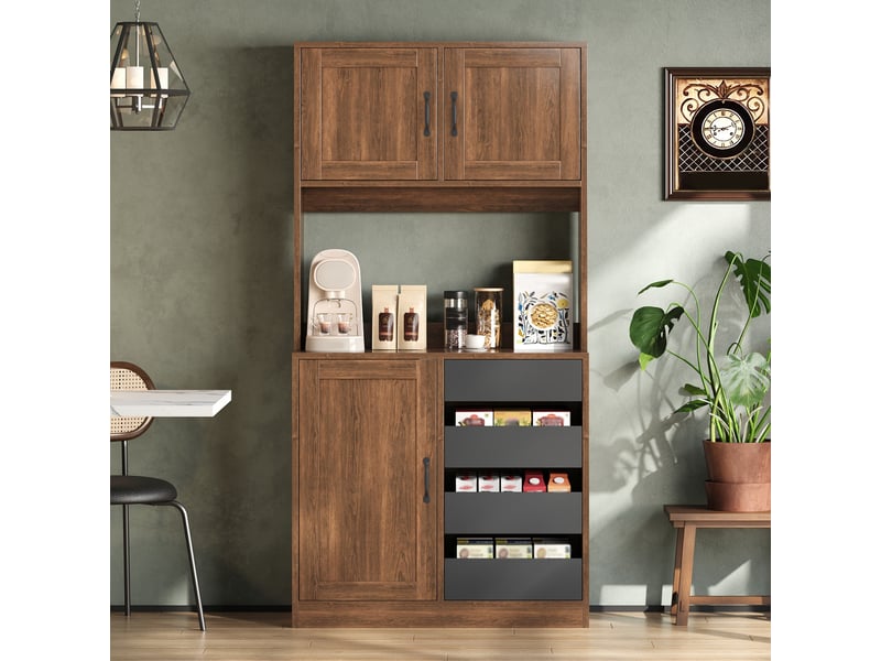  Armoire de cuisine haute 80x40x170cm, 4 tiroirs, placards fermés et étagères réglables, meuble garde-manger effet noyer et noir, pour cuisine  - Conforama B