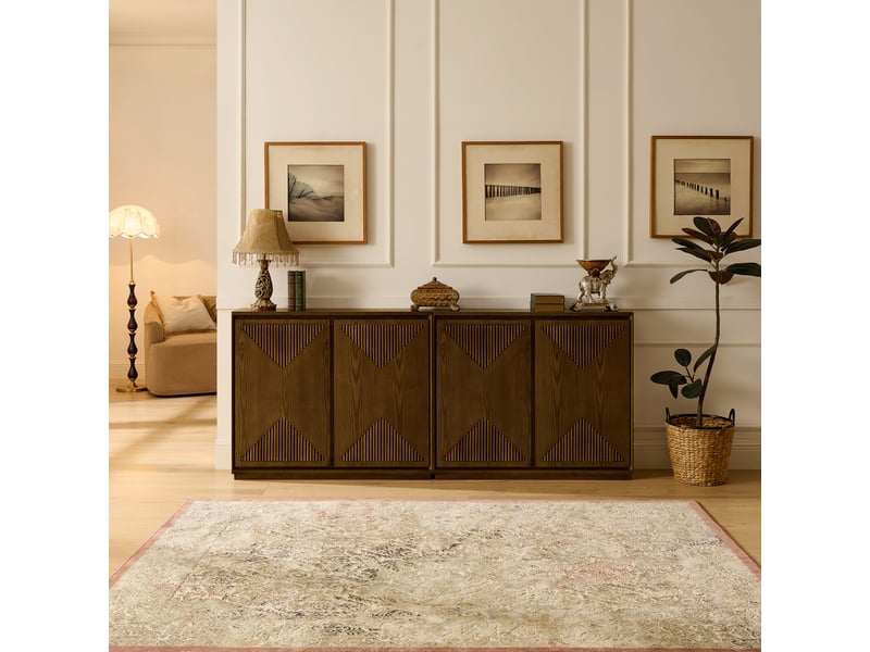  Buffet bas étroit mid-century marron avec rangement et façades à motif en v  - Conforama B