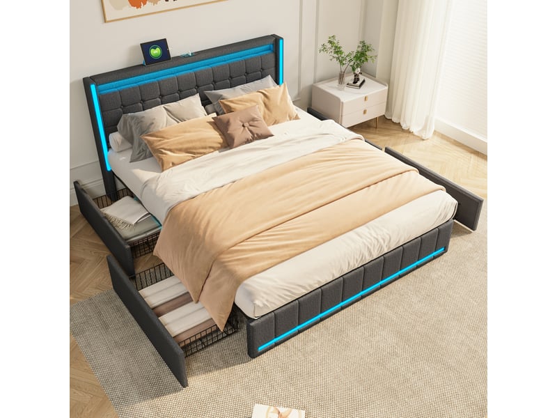  Lit double adulte 180x200, lit 180x200, 4 tiroirs, bandeau led et port usb, tissu en lin, gris  - Conforama D