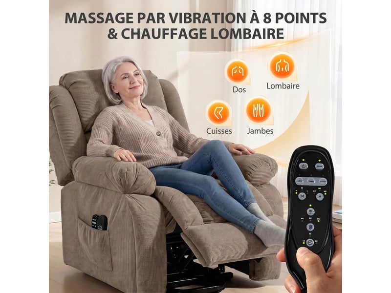  Fauteuil releveur électrique, massage et chauffage, repose-pieds, dossier inclinable, télécommande, 93x104x100cm, marron  - Conforama D