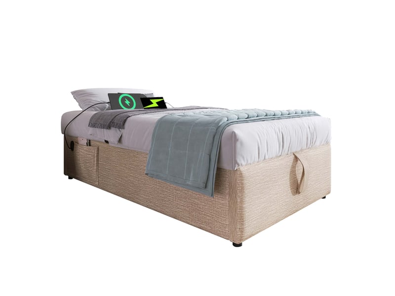  Lit coffre 200x90 cm en lin, lit simple avec rangement, usb, type-c et poche, sans matelas, beige et naturel  - Conforama A