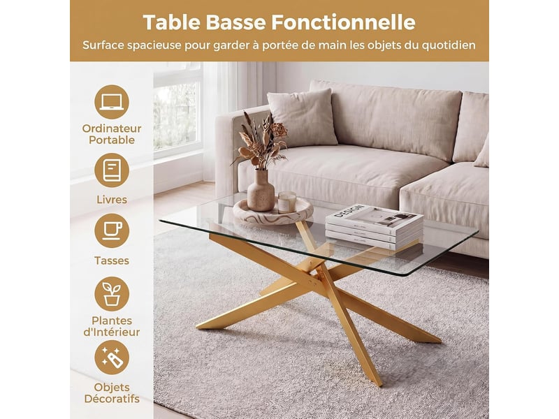  Table basse avec pieds en tubes métalliques croisés, plateau en verre trempé &amp; patins réglables, table à café style industriel, pour salon (doré)  - Conforama C