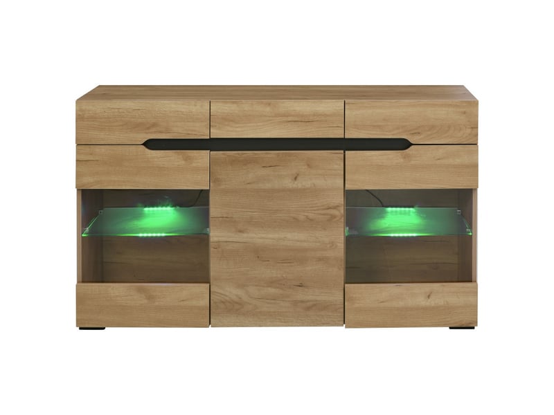  Buffet avec éclairage led, portes en acrylique transparent, trois portes et trois tiroirs, meuble de salon moderne, finition en bois  - Conforama A
