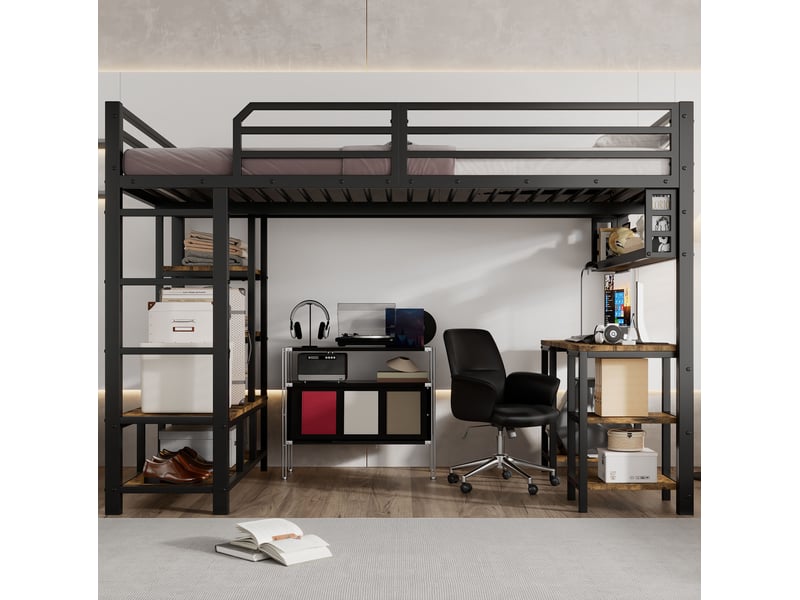 Lit mezzanine 120x200cm avec bureau, espace rangement, échelle, métal et bois, noir+noyer foncé, matelas non inclus - Conforama C