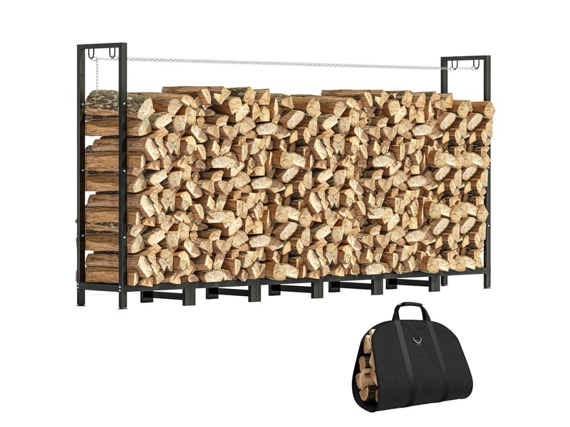  Porte-bûches extérieur réglable en acier, capacité 150 kg, 235 x 31 x 116 cm, noir  - Conforama A