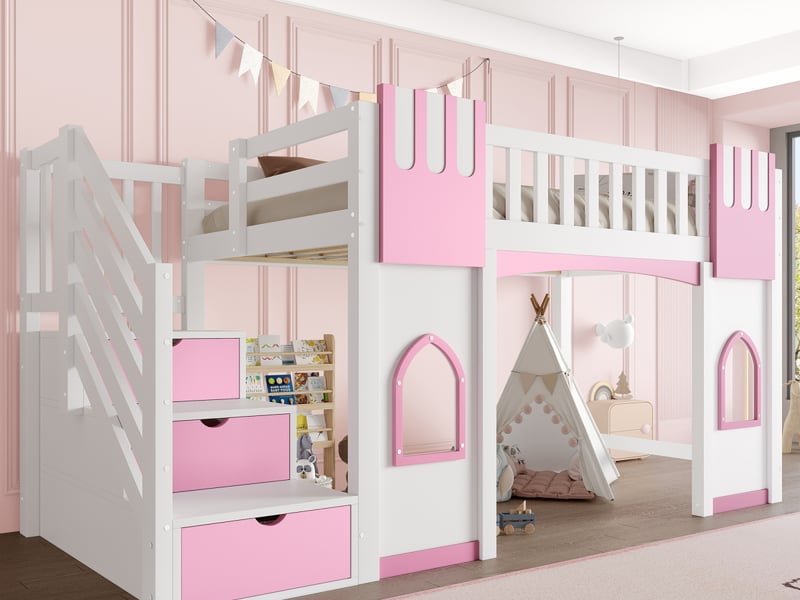  Lit superposé 90 x 200cm avec escalier de rangement et fenêtre, blanc et rose  - Conforama B