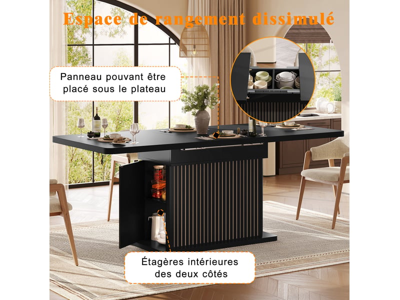  Table de salle à manger extensible 120-160x80x76 cm,  rangement caché, relief vertical, multifonction, mdf, noir  - Conforama E