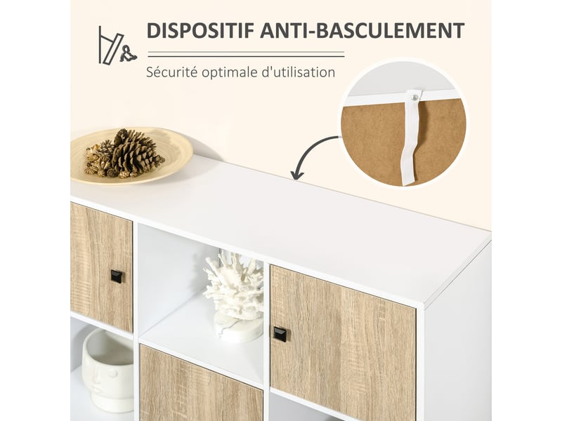  Buffet salon, meuble de rangement 9 cubes avec 3 portes et 3 compartiments ouverts, pieds en bois de pin, style moderne, buffet salle à manger, 96x30x75cm, cuisine, blanc et naturel  - Conforama E