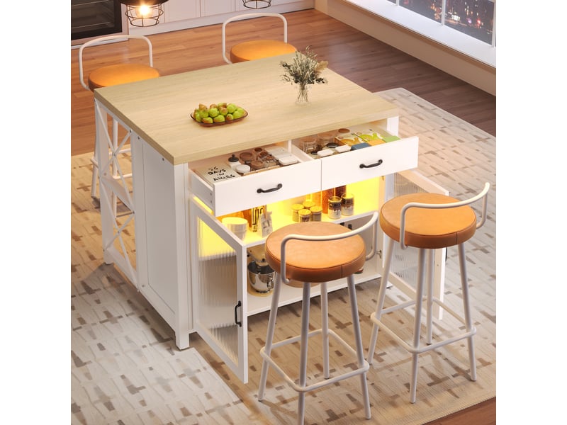  Îlot de cuisine 100x80x90 cm avec led, 2 tiroirs, porte vitrée, étagère et pieds réglables, plateau effet bois - blanc  - Conforama B
