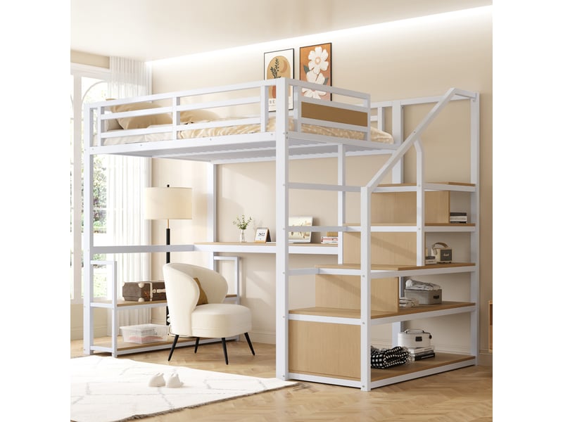  Lit mezzanine 140 x 200 cm avec escalier de rangement, étagères, bureau intégré et garde-corps, structure robuste en métal blanc evarich - Conforama B