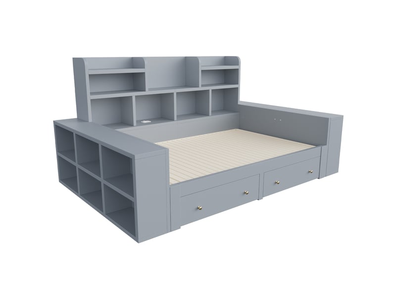  Lit enfant 90x200 cm extensible 180 cm, lit multifonctionnel avec rangement et led, bois gris, sans matelas  - Conforama D