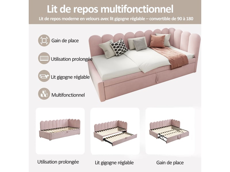 Lit gigogne rembourré 90x200 cm - canapé-lit convertible en 180x200 cm - dossier confortable - velours - rose - Conforama D