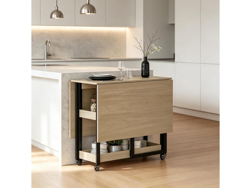 Table à manger pliable à roulettes pour 4 personnes avec rangements ouverts - Conforama B