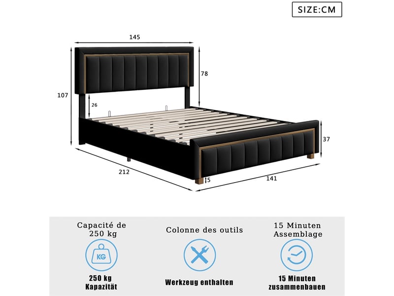  Lit 160x200 cm - lit coffre 160x200 cm - lit double capitonné avec tête de lit réglable et liseré doré - velours noir  - Conforama E