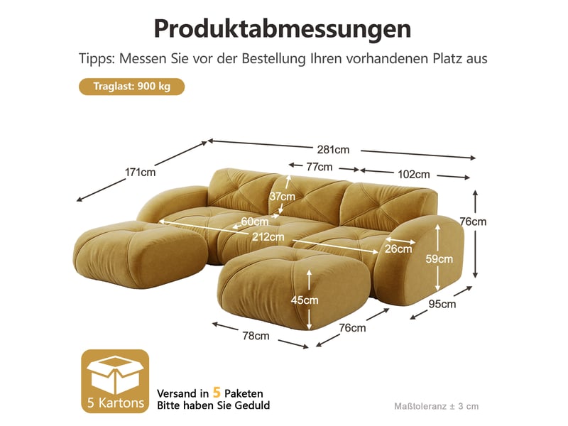 Canapé modulable en u 3 places 281x171x76 cm, sans cadre, sans montage, 2 poufs, revêtement en chenille, jaune - Conforama C
