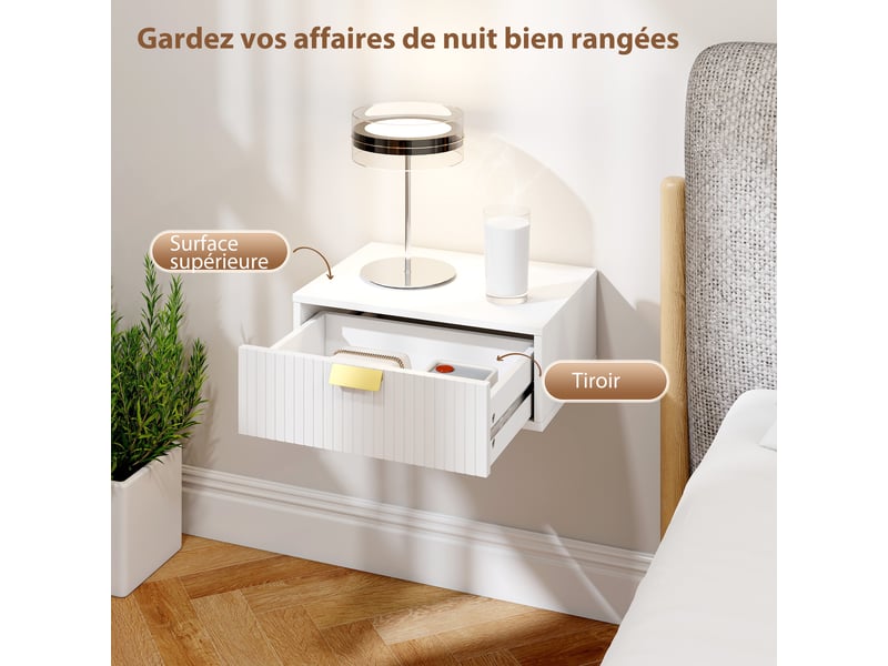  Lot de 2 tables de chevet murales, 40 x 30 x 15 cm, tables de nuit suspendues avec tiroir ondulé, blanc  - Conforama E