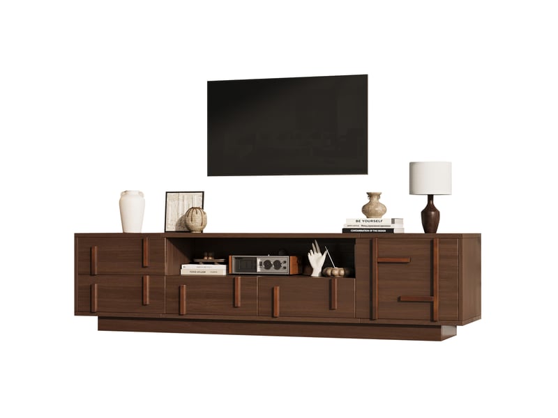  Meuble tv 180x40x45 cm avec 4 tiroirs et un porte en mdf, passage de câbles, couleur marron, design vintage  - Conforama A