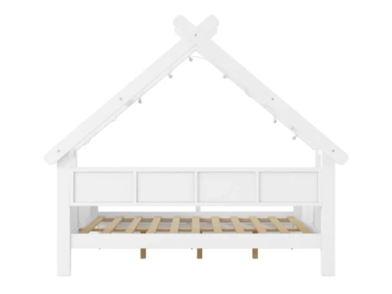 Lit enfant plateforme bois 140×200, forme maison, led, tiroirs, blanc - Conforama A