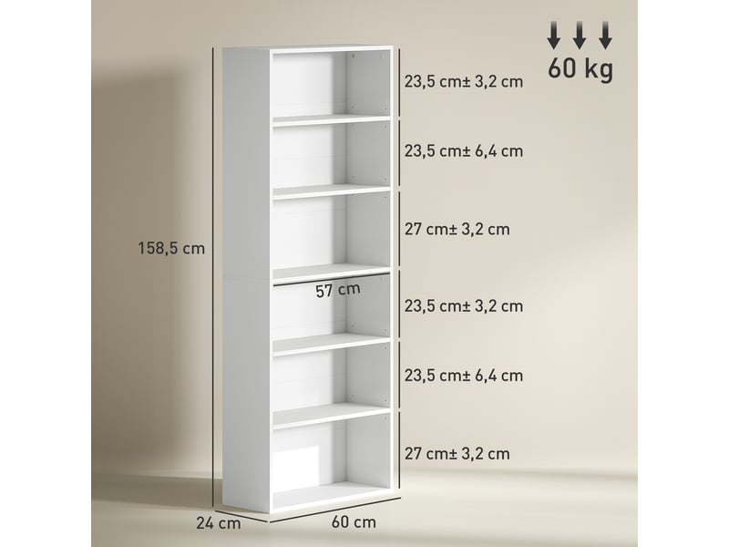  Bibliothèque étagère de rangement 6 niveaux avec étagères réglables pour salon, chambre, bureau, 60x24x158,5cm, blanc  - Conforama E