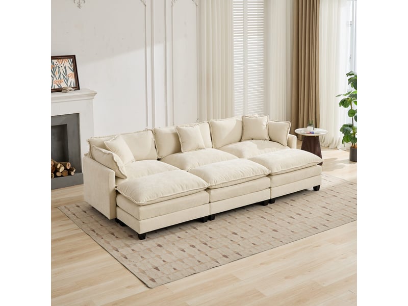  Canapé droit modulable 3 places 289 × 75 × 84 cm en chenille beige, coussins rembourrés IKSETERA TRADING LTD - Conforama E
