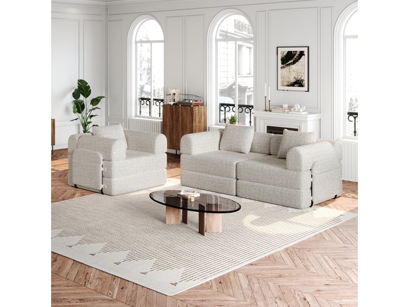  Canapé convertible 3 places - 274x91x70cm - chauffeuse lit chenille, poches rangement, cadre acier - beige  - Conforama B