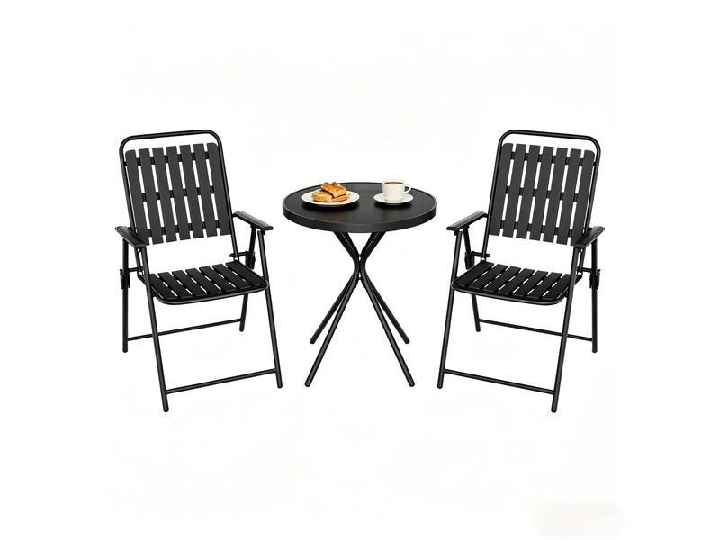  Salon de jardin pliant 3 pièces ø50x70 cm – noir – table en verre, 2 fauteuils pliants avec accoudoirs  - Conforama A