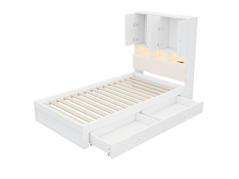  Lit 1 place 90 x 200 cm blanc en bois, rangement tête de lit, led, prise, 2 tiroirs et sommier à lattes  - Conforama D