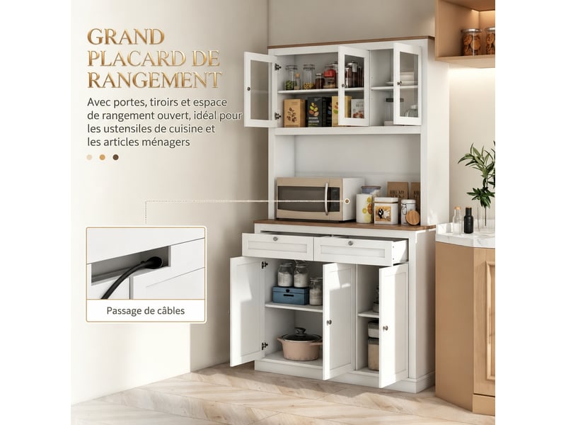  Meuble de cuisine muvano, vaisselier avec portes vitrées, blanc et décor chêne, 100 × 40 × 180 cm  - Conforama R