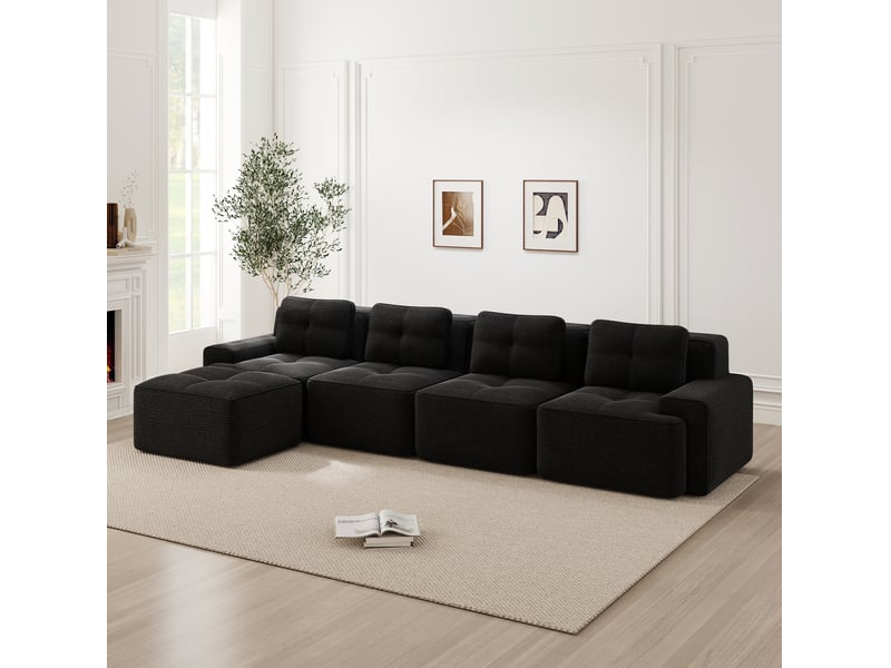Canapé modulable 4 places 382x177x69 cm, sans montage, assise profonde, en velours côtelé, noir - Conforama E