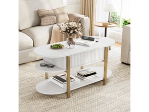 Table basse réglable en hauteur, plateau ovale, espace de rangement dissimulé, 106x50x45 cm, blanc