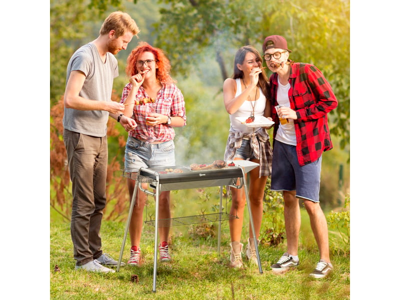  Barbecue au charbon avec grille en acier inoxydable, plancha et étagères, 107 x 63 x 75 cm  - Conforama C
