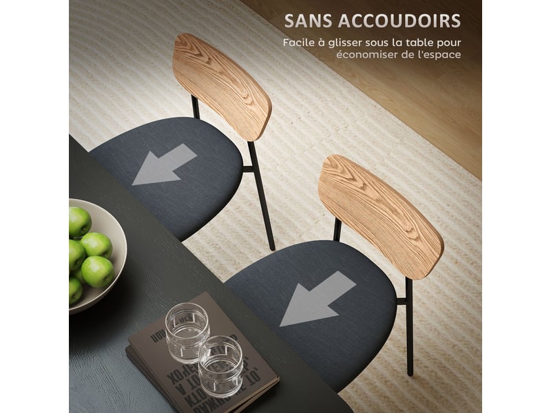  Lot de 2 chaises de salle à manger avec pieds en acier, gris et effet bois naturel, dossier incurvé et assise rembourrée  - Conforama W