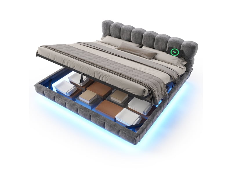 Lit coffre bubble en chenille gris 160x200 cm avec led, usb et type-c Fay Lum - Conforama A