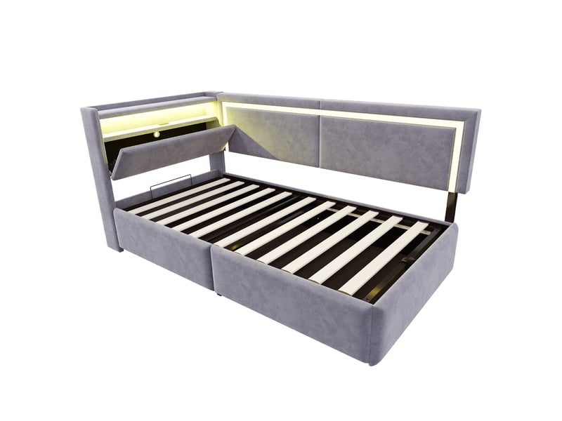  Canapé-lit 90x200 velours gris clair – rangement hydraulique, tête de lit ouvrable, led et usb intégrés  - Conforama E